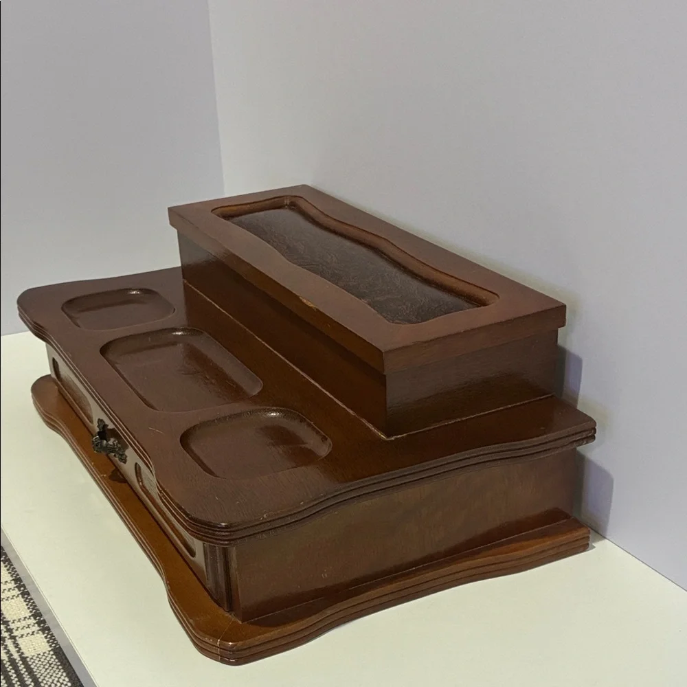 MCM Vintage Wood And Leather Two Tier Jewelry Box Velvet Lined
